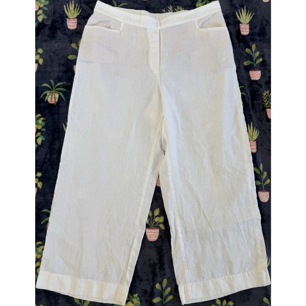 J. Jill Women's White Linen Wide-Leg Capri Pants Tall L Elastic Waist Pockets